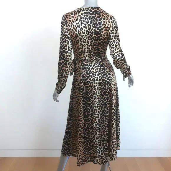 Ganni Dufort Midi Wrap Dress Leopard Print Stretch Silk Satin Size 36 - Picture 4 of 7